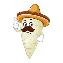 Happy cartoon jicama wearing a sombrero and a mustache, giving a thumbs up.