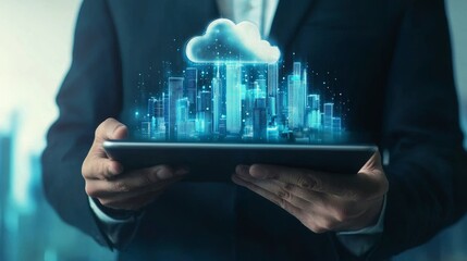 A businessperson holds a tablet displaying a futuristic cloud interface with graphs and data.