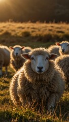 Wall Mural - Group of sheep grazing under golden sunlight, one sheep looking at the camera.