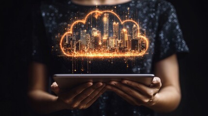 A tablet displaying a glowing cloud interface represents digital data and smart city technology.