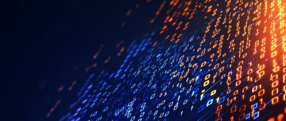 The background of an abstract digital interface shows glowing orange lines and data.