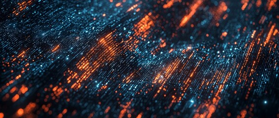 On a dark background, glowing orange lines and data make up an abstract digital interface.