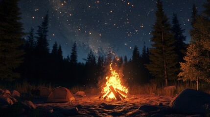 Sticker - Warm golden flames of a campfire dance against a starry night sky, casting a cozy glow on rustic camping gear and scenic forest surroundings. 