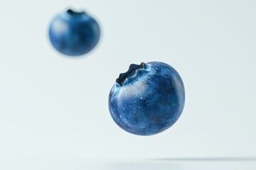 Close-up view of multiple blueberries falling in mid-air, isolated on a clean white background.