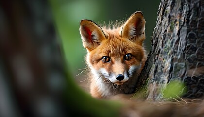 Poster - Red fox cub peeking from behind a tree in a serene forest setting