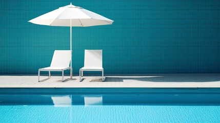 Umbrella and two sunbeds near the swimming pool 