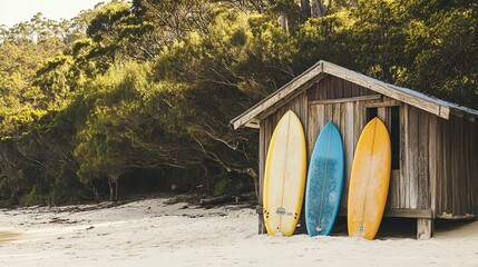 Wall Mural - Two surfboards leaning against a rustic wooden shack on a sandy beach