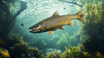 Wall Mural - Trout in the river jumps out of the water underwater forest