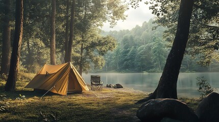 Wall Mural - tent in the forest by the water in the morning