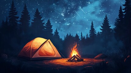 Wall Mural - tent in the forest and a fire under the stars 