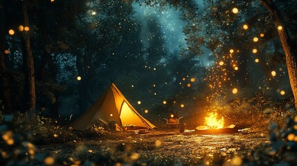 Canvas Print - tent in the forest and a fire under the stars