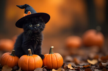 Cute kitten in a witch hat and orange pumpkins in the autumn forest. Autumn Halloween style