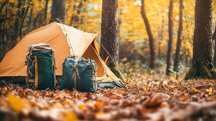 Canvas Print - Survival kit and tent in autumn forest for tourist camping 