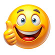 © Iaroslav - A cheerful yellow emoji with wide blue eyes, smiling broadly and giving a thumbs up. The expression conveys enthusiasm and positivity. Transparent background
