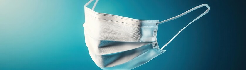 A close-up of a surgical mask, highlighting its texture and design against a soft, blurred blue background.