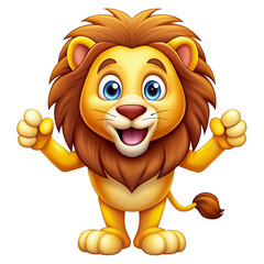 A full-body cartoon lion, standing upright with its arms raised and fists clenched in excitement.  Transparent background