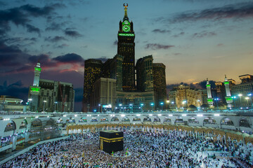 ZamZam tower, view of Muslims for prayer and towaf around kabah in Macca Saudi-
27-4-2018,makkah background.