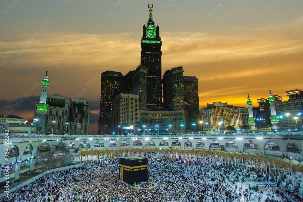 ZamZam tower, view of Muslims for prayer and towaf around kabah in ...