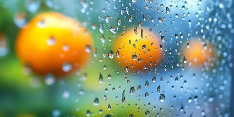 Wall Mural - Raindrops on a window pane, with a colorful blur of nature in the background