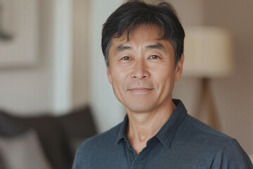 Wall Mural - Photo of a handsome 50-year-old Asian man wearing a dark shirt. It's in the living room. Advertising banner.