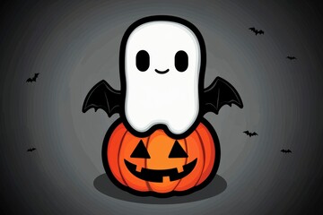 Poster - Cute Ghost Sitting on a Jack-o'-Lantern for Halloween