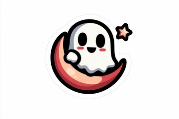 Sticker - Cute Ghost Sitting on a Crescent Moon with a Star