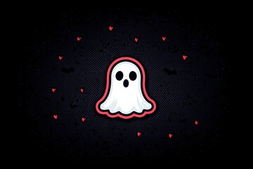 Sticker - Cute Ghost with Red Hearts on Black Background