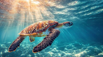 Sticker -   A turtle glides through the ocean, bathed in sunlight above its head as it submerges into the water