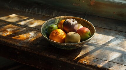 Wall Mural -   A bowl of fruit rests on a wooden table bathed in sunlight streaming through a nearby window