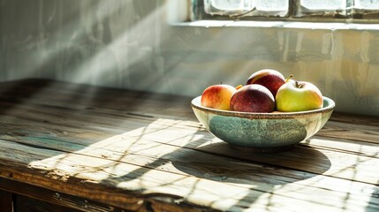 Poster -   A bowl of apples sits atop a wooden table by a sunlit window