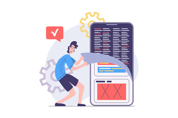 app development concept in modern flat design for web. man designer programming mobile software, eng