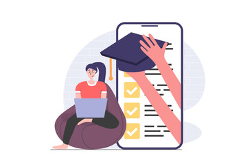 Fototapete - Back to school concept in modern flat design for web. Student learning online and studying distantly at laptop, passes exam in mobile application and getting graduation cap. Illustration.