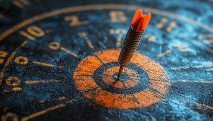 A close-up of a dart piercing the center of a dartboard, showcasing precision and focus in a vibrant, colorful setting.