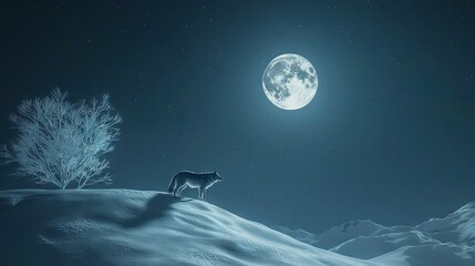 Wall Mural -   A majestic wolf perched atop a snowy summit, bathed under the silver glow of the full moon, with a solitary tree framing the foreground