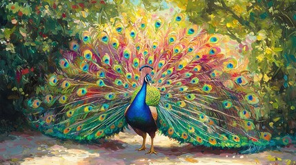 Canvas Print -  A peacock stands before a tree, feathers spread wide, eyes open