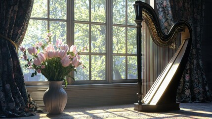 Poster -   A vase brimming with pink blossoms rests beside a harp on a window ledge, with a draped window nearby