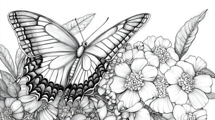 Poster -   Monochromatic illustration of a butterfly perched on a bouquet of blooms amidst foliage and flora