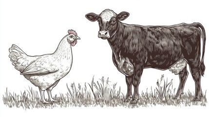 Wall Mural - Here is a contemporary engraving-style illustration depicting a cow, sheep, and chicken as domestic farm animals.