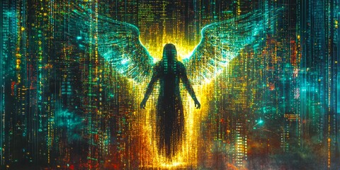 Poster - A mystical digital angel emerges from a vibrant background. This artwork blends technology and spirituality in a captivating way. A fusion of light and colors creates a mesmerizing effect. AI