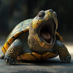 A vibrant turtle with an open mouth, showcasing intricate patterns and colors. Ideal for nature and wildlife photography.