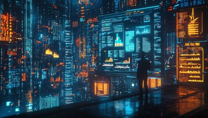 Graphs and charts with glowing colors, indicating advanced data analysis and technology