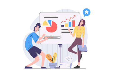 Aufkleber - Business activities concept in modern flat design for web. Colleague businessman and businesswoman doing presentation with financial analytics, discussing tasks at work meeting. Illustration.