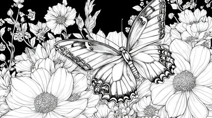 Poster -   A monochromatic illustration of a butterfly amidst a daisy-filled landscape, with daisies prominently displayed in the foreground