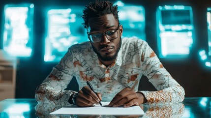 A black, American programmer checking data with holograms as part of a security system. The scheme uses holographic images and new cloud computing interfaces.