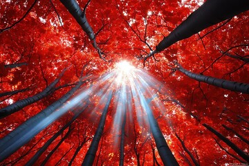 A canopy of red and orange leaves, with sunlight barely breaking through, creating an enchanting and mystical forest atmosphere