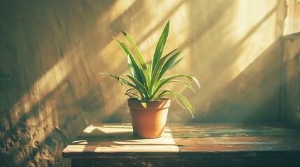 Poster -   A potted plant placed atop a wooden table near a sunlit window