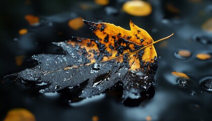 A vibrant orange and black leaf floats on water, surrounded by droplets and blurred reflections, capturing the essence of autumn.