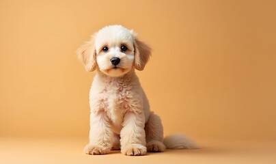 Fluffy puppy sitting on orange background, adorable expression, perfect for pet-themed designs and copy space