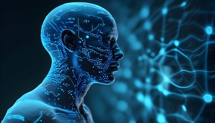 Wall Mural - Futuristic visualization of the human body with digital technology, 3D biology graphics, projectors, blue tones, and internet impulses