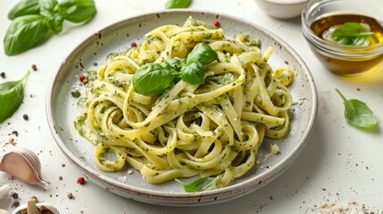 Plate with tasty pesto pasta on white background 